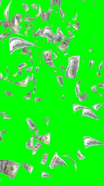 Kromakeyle izole edilmiş uçan dolar banknotları. Havada para uçuyor. 100 Amerikan doları yeni numune alıyor. Dikey oryantasyon. 3B illüstrasyon