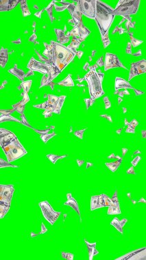 Kromakeyle izole edilmiş uçan dolar banknotları. Havada para uçuyor. 100 Amerikan doları yeni numune alıyor. Dikey oryantasyon. 3B illüstrasyon