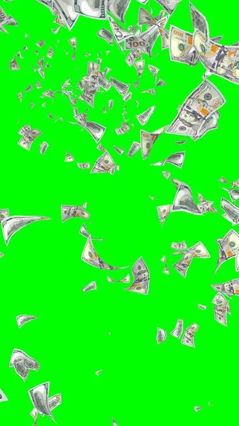 クロマキーで孤立したドル紙幣を飛んでいる お金が空を飛んでいる 100米国の銀行券の新しいサンプル 垂直方向 3Dイラスト — ストック写真