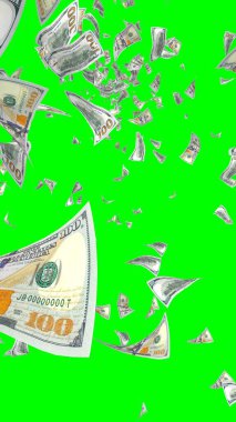 Kromakeyle izole edilmiş uçan dolar banknotları. Havada para uçuyor. 100 Amerikan doları yeni numune alıyor. Dikey oryantasyon. 3B illüstrasyon