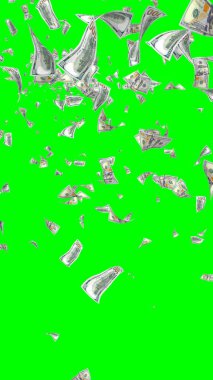 Kromakeyle izole edilmiş uçan dolar banknotları. Havada para uçuyor. 100 Amerikan doları yeni numune alıyor. Dikey oryantasyon. 3B illüstrasyon