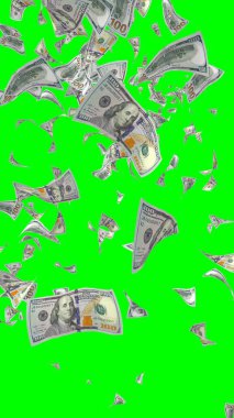 Kromakeyle izole edilmiş uçan dolar banknotları. Havada para uçuyor. 100 Amerikan doları yeni numune alıyor. Dikey oryantasyon. 3B illüstrasyon