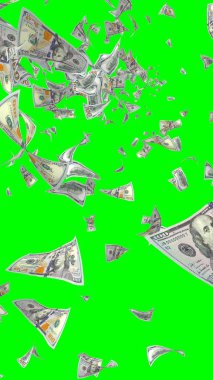 Kromakeyle izole edilmiş uçan dolar banknotları. Havada para uçuyor. 100 Amerikan doları yeni numune alıyor. Dikey oryantasyon. 3B illüstrasyon