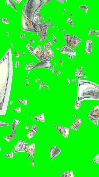 Flying dollars banknotes isolated on chromakey. Money is flying in the air. 100 US banknotes new sample. Vertical orientation. 3D illustration