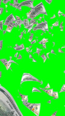 Kromakeyle izole edilmiş uçan dolar banknotları. Havada para uçuyor. 100 Amerikan doları yeni numune alıyor. Dikey oryantasyon. 3B illüstrasyon