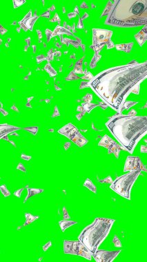 Kromakeyle izole edilmiş uçan dolar banknotları. Havada para uçuyor. 100 Amerikan doları yeni numune alıyor. Dikey oryantasyon. 3B illüstrasyon