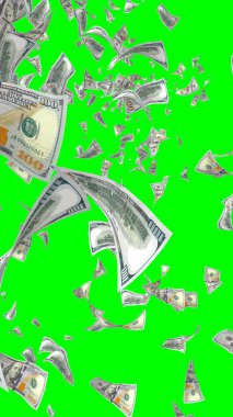 Kromakeyle izole edilmiş uçan dolar banknotları. Havada para uçuyor. 100 Amerikan doları yeni numune alıyor. Dikey oryantasyon. 3B illüstrasyon