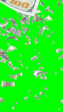 Kromakeyle izole edilmiş uçan dolar banknotları. Havada para uçuyor. 100 Amerikan doları yeni numune alıyor. Dikey oryantasyon. 3B illüstrasyon