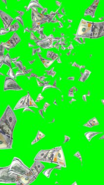 Kromakeyle izole edilmiş uçan dolar banknotları. Havada para uçuyor. 100 Amerikan doları yeni numune alıyor. Dikey oryantasyon. 3B illüstrasyon