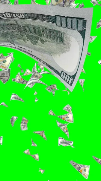 Flying dollars banknotes isolated on chromakey. Money is flying in the air. 100 US banknotes new sample. Vertical orientation. 3D illustration