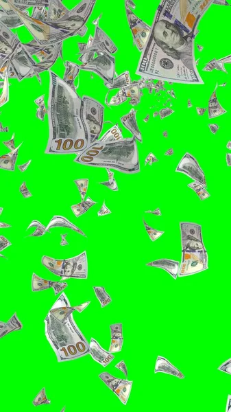 飘扬的美元钞票被铬钥匙隔开了 钱在空中飞扬 100美元钞票的新样本 垂直方向 3D插图 — 图库照片