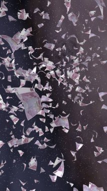 Uzay yıldızlı arka planda euro banknotları uçurmak. Uzayda para uçuyor. 500 EURO renkli. Dikey oryantasyon. 3B illüstrasyon