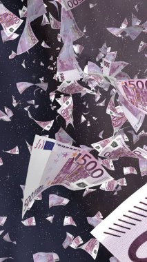 Uzay yıldızlı arka planda euro banknotları uçurmak. Uzayda para uçuyor. 500 EURO renkli. Dikey oryantasyon. 3B illüstrasyon