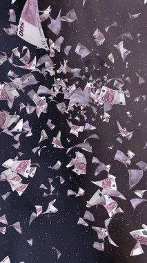 Uzay yıldızlı arka planda euro banknotları uçurmak. Uzayda para uçuyor. 500 EURO renkli. Dikey oryantasyon. 3B illüstrasyon
