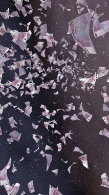 Uzay yıldızlı arka planda euro banknotları uçurmak. Uzayda para uçuyor. 500 EURO renkli. Dikey oryantasyon. 3B illüstrasyon