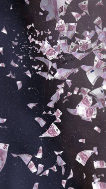 Uzay yıldızlı arka planda euro banknotları uçurmak. Uzayda para uçuyor. 500 EURO renkli. Dikey oryantasyon. 3B illüstrasyon