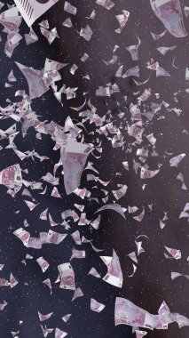 Uzay yıldızlı arka planda euro banknotları uçurmak. Uzayda para uçuyor. 500 EURO renkli. Dikey oryantasyon. 3B illüstrasyon