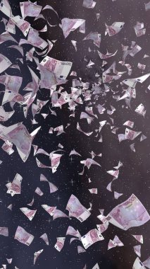Uzay yıldızlı arka planda euro banknotları uçurmak. Uzayda para uçuyor. 500 EURO renkli. Dikey oryantasyon. 3B illüstrasyon