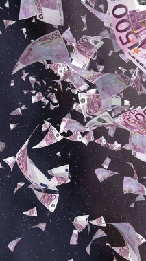 Uzay yıldızlı arka planda euro banknotları uçurmak. Uzayda para uçuyor. 500 EURO renkli. Dikey oryantasyon. 3B illüstrasyon