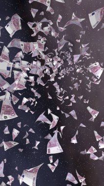 Uzay yıldızlı arka planda euro banknotları uçurmak. Uzayda para uçuyor. 500 EURO renkli. Dikey oryantasyon. 3B illüstrasyon