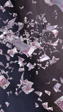 Uzay yıldızlı arka planda euro banknotları uçurmak. Uzayda para uçuyor. 500 EURO renkli. Dikey oryantasyon. 3B illüstrasyon