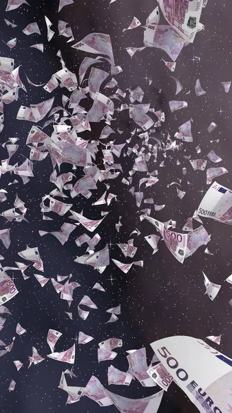宇宙の星空の背景にユーロ紙幣を飛んでいます 宇宙を飛ぶお金 500ユーロの色で 垂直方向 3Dイラスト — ストック写真