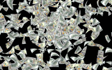 Dolar banknotlar uçan koyu arka plan üzerinde izole. Para havada uçuyor. 100 ABD banknotlar yeni örnek. 3D çizim