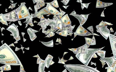 Dolar banknotlar uçan koyu arka plan üzerinde izole. Para havada uçuyor. 100 ABD banknotlar yeni örnek. 3D çizim