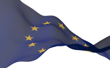 Avrupa Birliği 'nin bayrağı hafifçe sallanıyordu. Beyaz arka planda izole edilmiş, 3D görüntüleme. Avrupa 'nın sembolü. 3B illüstrasyon