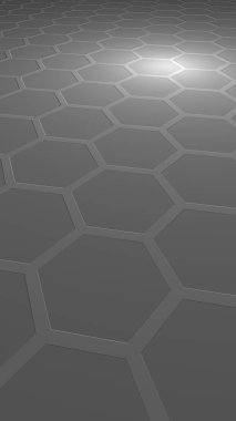 Gri arka plandaki petek. Çokgen in perspektif görünümü petek gibi görünüyor. Ekstrüde, yumru hücresi. Biyometrik geometri. Dikey görüntü yönlendirmesi. 3d illüstrasyon