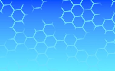 Yarı saydam, kırıklı, degrade mavi gökyüzü arka planı üzerindeki petek. Çokgen in perspektif görünümü petek gibi görünüyor. Biyometrik geometri. 3d illüstrasyon