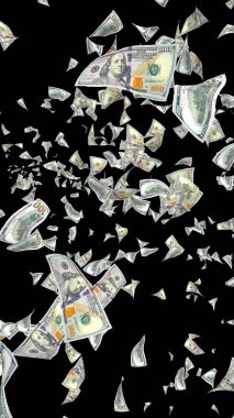 Dolar banknotlar uçan koyu arka plan üzerinde izole. Para havada uçuyor. 100 ABD banknotlar yeni örnek. 3D çizim