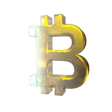 Bitcoin işareti, yeşil şebeke beyaz arka planda altına dönüşür. 3B illüstrasyon