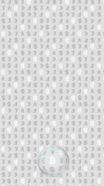 Gri arka planda Bitcoin ve para birimi. Dijital kripto para birimi sembolü. İş konsepti. Piyasa görüntüsü. 3B illüstrasyon