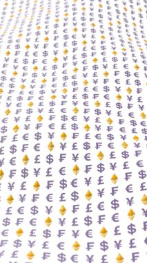 Beyaz arka planda klasik ve para birimi. Dijital şifreleme sembolü. Para dalgası etkisi, piyasa dalgalanmaları. İş konsepti. 3B illüstrasyon