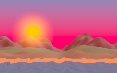 Sun Sea Beach. Sunrise. Sahilde dalgalarla okyanus kıyısı. Dalgalar ile Ada plaj cenneti. Tatil, yaz, rahatlama. Deniz manzarası, deniz kıyısı. Minimalist manzara, ilkellik. 3d illüstrasyon