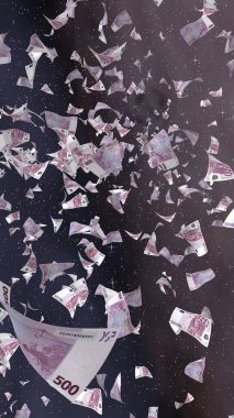 Uzay yıldızlı arka planda euro banknotları uçurmak. Uzayda para uçuyor. 500 EURO renkli. Dikey oryantasyon. 3B illüstrasyon