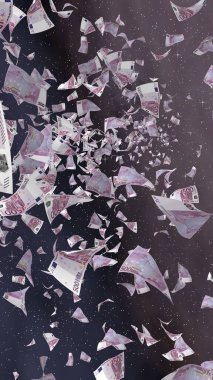 Uzay yıldızlı arka planda euro banknotları uçurmak. Uzayda para uçuyor. 500 EURO renkli. Dikey oryantasyon. 3B illüstrasyon