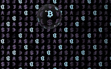 Bitcoin ve para birimi karanlık bir arkaplanda. Dijital şifreleme sembolü. Para balonu, dalga etkisi, piyasa dalgalanmaları. İş konsepti. 3B illüstrasyon