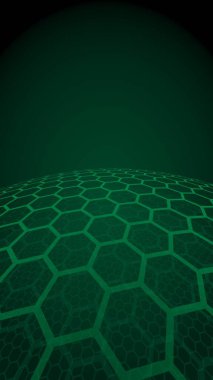 Çok katmanlı petek küresi, koyu arka planda yeşil, sosyal ağ, bilgisayar ağı, teknoloji, küresel ağ. 3d illüstrasyon