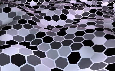 Değişken renkte bir bal peteği. Çokgenin perspektif görüntüsü bal peteğine benziyor. Dalgalı yüzey. İzometrik geometri. 3B illüstrasyon