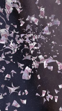 Uzay yıldızlı arka planda euro banknotları uçurmak. Uzayda para uçuyor. 500 EURO renkli. Dikey oryantasyon. 3B illüstrasyon