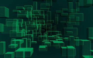 Yeşil ve koyu arka dijital ve teknoloji plan. Dikdörtgenler tekrarlayan olan desen. 3D çizim