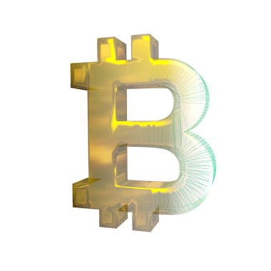 Bitcoin işareti, yeşil şebeke beyaz arka planda altına dönüşür. 3B illüstrasyon