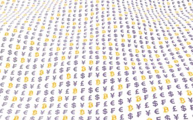 Beyaz arka planda Bitcoin ve para birimi. Dijital kripto para birimi sembolü. Dalga etkisi, döviz piyasası dalgalanmaları. İş konsepti. 3B illüstrasyon