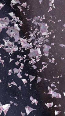 Uzay yıldızlı arka planda euro banknotları uçurmak. Uzayda para uçuyor. 500 EURO renkli. Dikey oryantasyon. 3B illüstrasyon