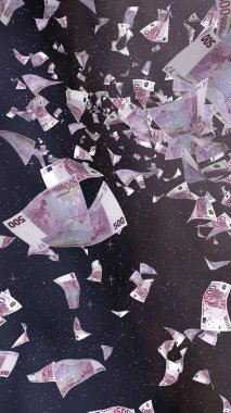Uzay yıldızlı arka planda euro banknotları uçurmak. Uzayda para uçuyor. 500 EURO renkli. Dikey oryantasyon. 3B illüstrasyon