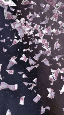 Uzay yıldızlı arka planda euro banknotları uçurmak. Uzayda para uçuyor. 500 EURO renkli. Dikey oryantasyon. 3B illüstrasyon
