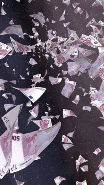 Uzay yıldızlı arka planda euro banknotları uçurmak. Uzayda para uçuyor. 500 EURO renkli. Dikey oryantasyon. 3B illüstrasyon