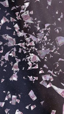 Uzay yıldızlı arka planda euro banknotları uçurmak. Uzayda para uçuyor. 500 EURO renkli. Dikey oryantasyon. 3B illüstrasyon